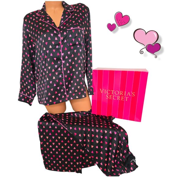 Victoria's Secret Satin Long Pajama Set Lounge Sleep Black Pink Hearts PJs Small - Picture 8 of 14